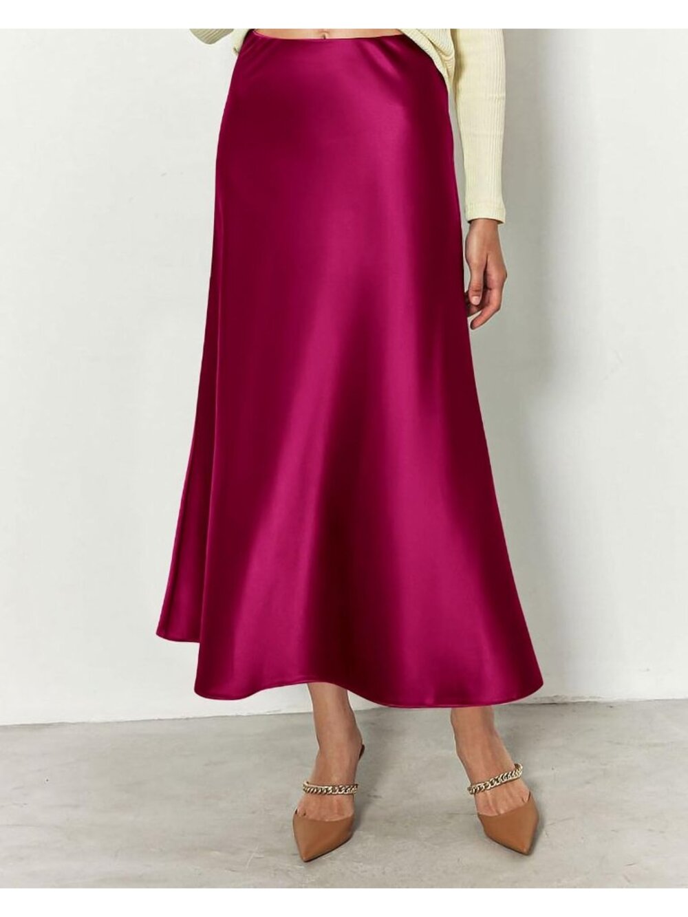 Women Rose Red High Waist Satin Elegant Slip Bias Cut Flowy Long Midi Skirt - Picture 5 of 6
